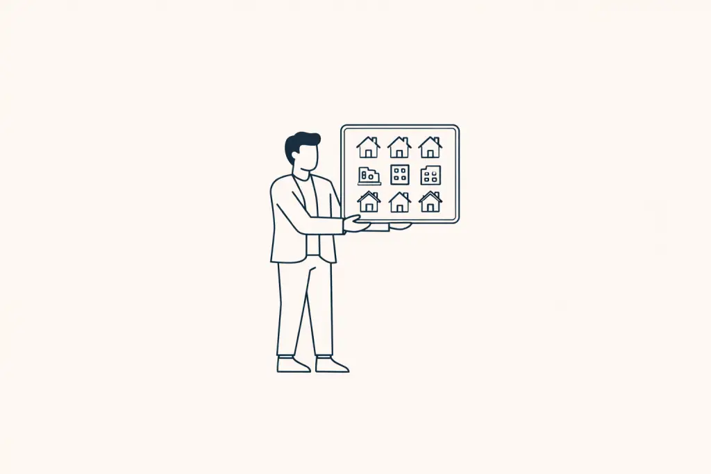 Ein Makler hält ein Schild mit seinem Portfolio in den Händen.