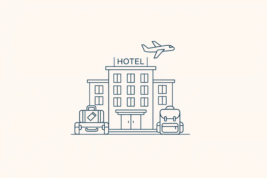 Illustration eines Hotels. Im Vordergrund Gepäck, im Hintergrund ein Flugzeug.